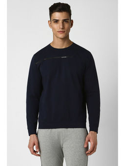 Van Heusen - Men Navy Blue Solid Crew Neck Sweatshirt