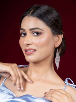 Niscka - Vintage Silver Long Rhinestone White Stone Drop Earrings