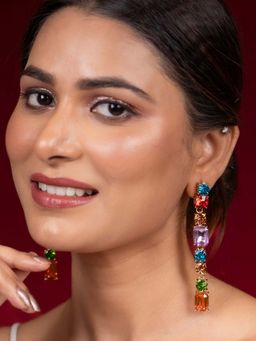 Niscka - Multi-Color Stone Gold-Plated Long Drop Earrings