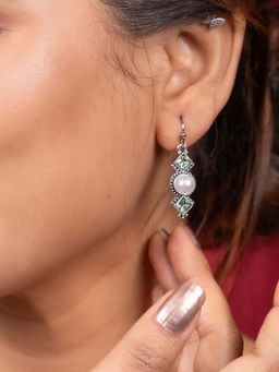 Niscka - Silver Plated Green Cz Stone Studded Pearl Drop Earrings