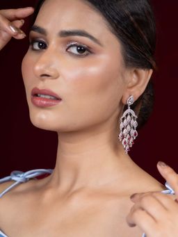 Niscka - Pink Rhodium-Pleated American Diamond Drop Earrings