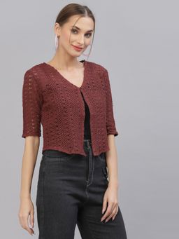 Style Quotient - Women Self design maroon cotton lace regular smart casual shrug