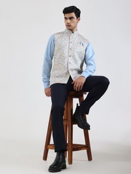 JB Studio - Men's Floral Printed Beige Nehru Jacket