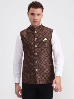 JB Studio - Men's Golden Geometric Printed Green Nehru Jacket