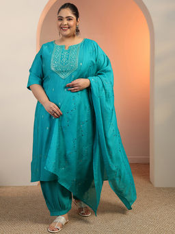 Extra love by Libas - Women Turquoise Embroidered Kurta with Harem Pant & Dupatta (Set of 3)