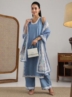 Libas - Women Blue Solid Kurta with Palazzo & Dupatta (Set of 3)