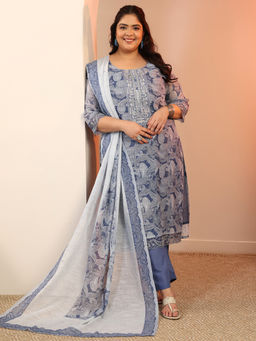 Extra love by Libas - Plus Size Women Blue Paisley Kurta with Palazzo & Dupatta (Set of 3)