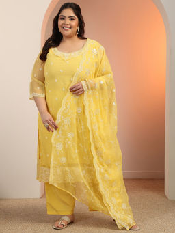 Extra love by Libas - Plus Size Women Yellow Embroidered Kurta with Palazzo & Dupatta (Set of 3)