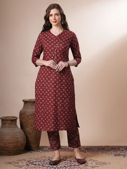 FASHOR - Women Maroon Floral Kurta with Pant (Set of 2)