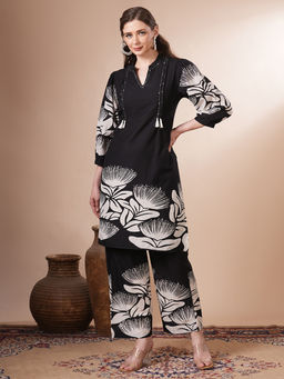 FASHOR - Women Black Floral Co-ord (Set of 2)