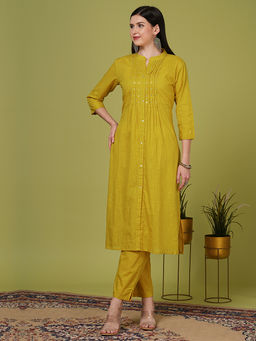 FASHOR - Women Mustard Solid Kurta with Pant (Set of 2)