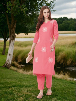 FASHOR - Women Pink Floral Kurta with Pant (Set of 2)