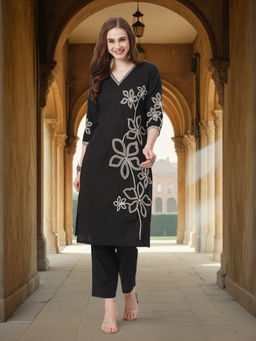 FASHOR - Women Black Floral Kurta with Pant (Set of 2)