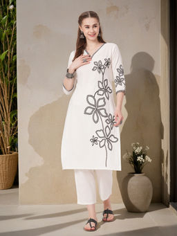 FASHOR - Women White Floral Kurta with Pant (Set of 2)