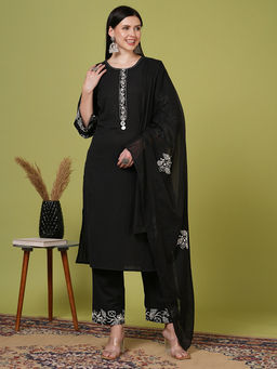 FASHOR - Women Black Floral Kurta with Pant & Dupatta (Set of 3)