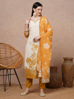 FASHOR - Women Mustard Floral Kurta with Pant & Dupatta (Set of 3)