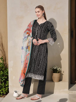 FASHOR - Women Black Geometric Kurta with Pant & Dupatta (Set of 3)