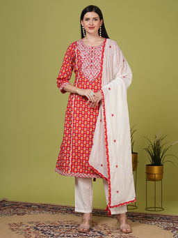FASHOR - Women Red Printed Kurta with Pant & Dupatta (Set of 3)