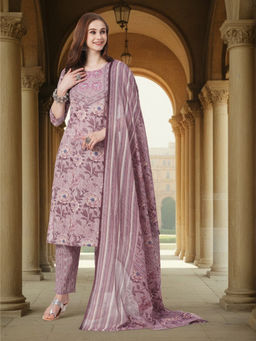 FASHOR - Women Mauve Floral Kurta with Pant & Dupatta (Set of 3)