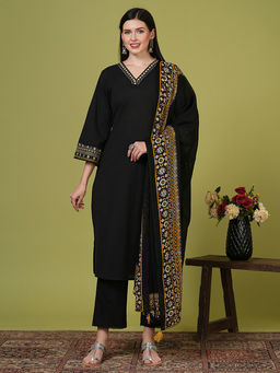 FASHOR - Women Black Embroidered Kurta with Pant & Dupatta (Set of 3)