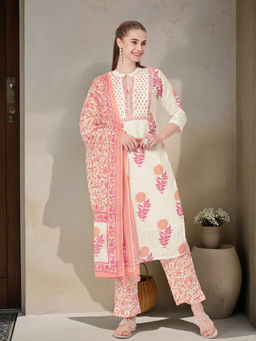 FASHOR - Women Off White Floral Kurta with Pant & Dupatta (Set of 3)