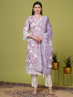 FASHOR - Women Lavender Floral Kurta with Pant & Dupatta (Set of 3)