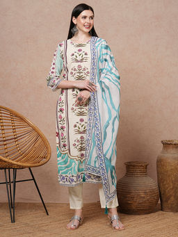 FASHOR - Women Blue Floral Kurta with Pant & Dupatta (Set of 3)