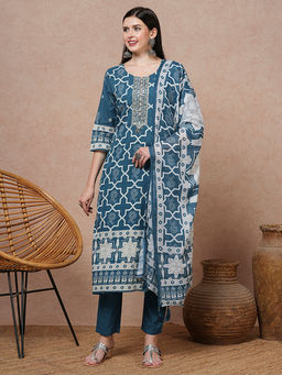 FASHOR - Women Teal Printed Kurta with Pant & Dupatta (Set of 3)