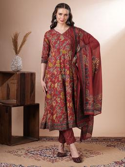 FASHOR - Women Red Floral Angrakha Kurta with Pant & Dupatta (Set of 3)