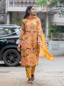 Suta - Women Mustard Floral Kurta with Pant & Dupatta (Set of 3)