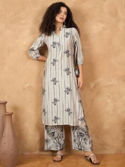 Varanga - Women Grey Floral Kurta with Palazzo (Set of 2)