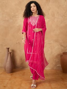 Varanga - Women Pink Embroidered Kurta with Pant & Dupatta (Set of 3)