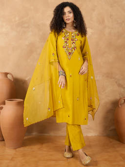 Varanga - Women Mustard Embroidered Kurta with Pant & Dupatta (Set of 3)