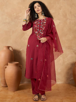 Varanga - Women Maroon Floral Kurta with Pant & Dupatta (Set of 3)