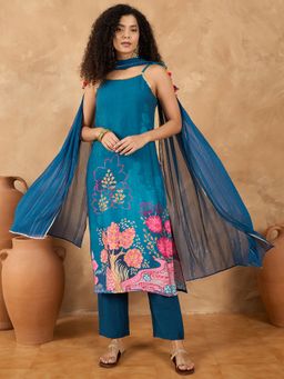 Varanga - Women Teal Floral Kurta with Pant & Dupatta (Set of 3)