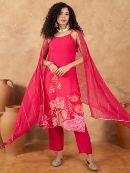 Varanga - Women Pink Floral Kurta with Pant & Dupatta (Set of 3)