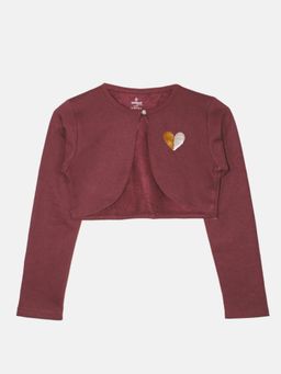 KiddoPanti - Girls Full Sleeve Crop Shrug With Applique - Maroon