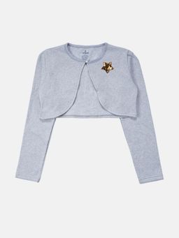 KiddoPanti - Girls Full Sleeve Crop Shrug With Applique - Grey