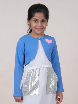 KiddoPanti - Girls Full Sleeve Crop Shrug With Applique - Blue