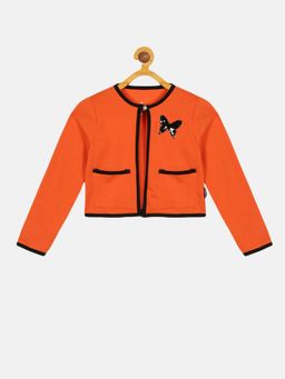 KiddoPanti - Girls Full Sleeve Shrug With Pocket - Orange