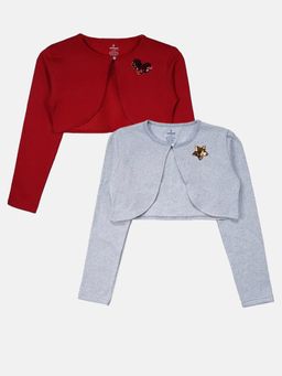 KiddoPanti - Girls Full Sleeve Crop Shrug With Applique - Multi-Color (Pack of 2)