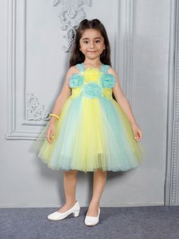 Mini Stitch - Kids-Girls Net Sleeveless Floral Applique Party Frock- Lemon-yellow
