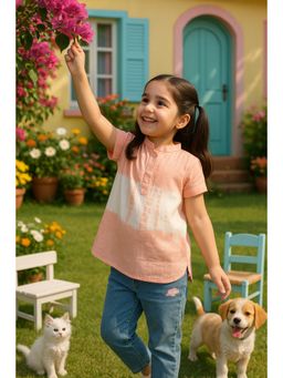 Maaesa - Girls Peach-To-White Ombre Tie-Dye Rayon Slub Button-Down Top