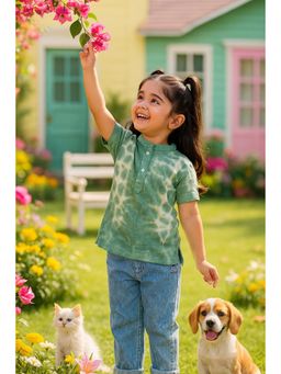 Maaesa - Girls Green Ombre Tie-Dye Rayon Slub Button-Down Top