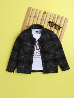 Mini Stitch - Kids-Boys Cotton Plaid Shacket With T-shirt- Olive-green