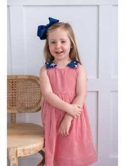 Yo Baby - Star And Red Striped Printed Bow Gathered Dress