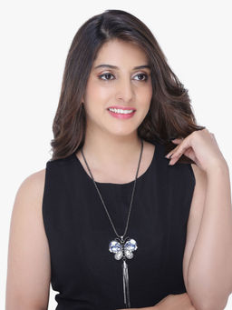 Yellow Chimes - Women Black and Blue Long Chain Necklace with Tassel Detail