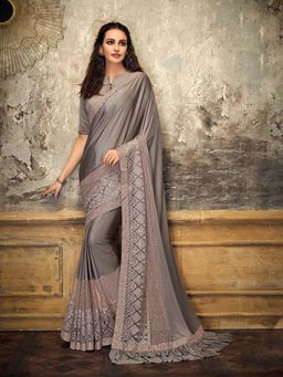 Odette - Grey Lycra Fancy Net Designer Saree with Unstitched Blouse