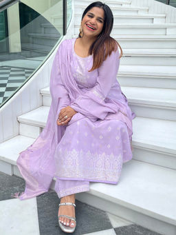 Extra love by Libas - Lavender Woven Design Silk Blend Straight Kurta Sets for Women