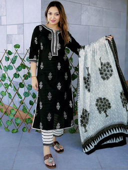 Libas - Women Black Pure Cotton Printed Kurta with Pant and Dupatta (Set of 3)